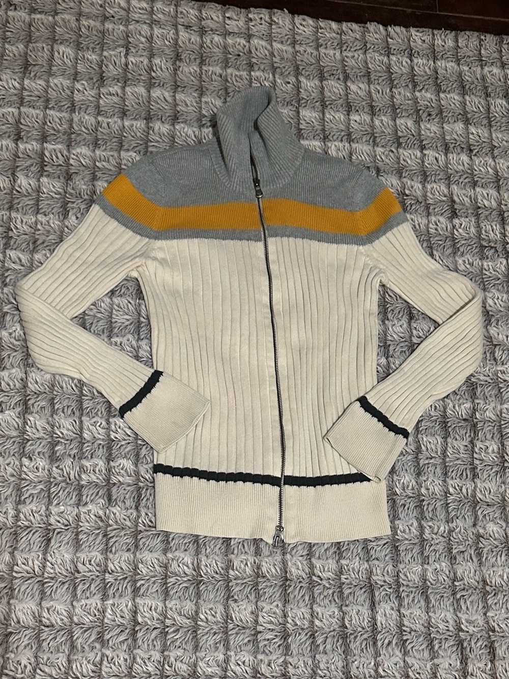 90s Eddie Bauer Womens Cream Zip Ribbed Cardigan with Gray and Mustard Bands (s)